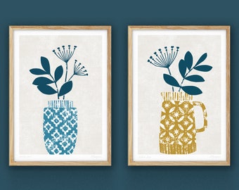 Set of Two Prints, Ochre & Blue, Botanical Art, Pair of Flower Prints, Mustard Yellow and Blue, Minimalist Flower Prints, A4, A3 Unframed