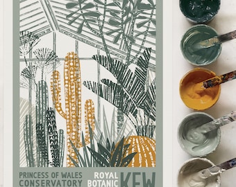 Original Kew Gardens Screen print, Hand Printed, Sage Green, Ochre Yellow, A2 Poster, Royal Botanic Gardens Kew, Botanical Art, Unframed