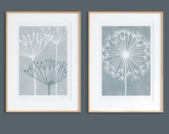 Set of 2 Botanical prints, Slate Blue, Sage Green, Blush Pink, Cowparsley Print, Dandelion Clock Print, Calming Art, Seed head Art, Unframed