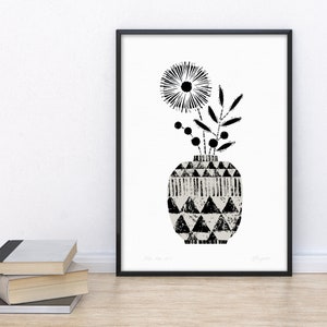 Bohemian Flower Print, Black and White Vase Print, Monochrome Print, Tribal Home Decor, Minimalist Wall Art, Boho Flower Print, Unframed image 1