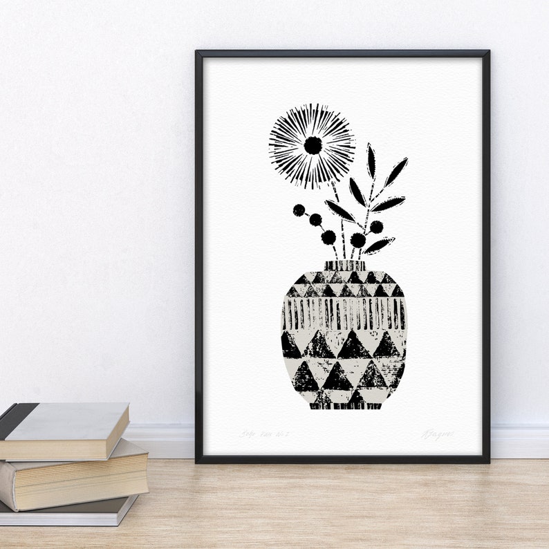 Bohemian Flower Print, Black and White Vase Print, Monochrome Print, Tribal Home Decor, Minimalist Wall Art, Boho Flower Print, Unframed image 1