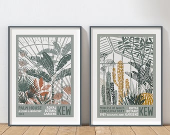 Set of 2 Kew Gardens Prints, Royal Botanic Gardens KEW, Vintage Botanical Art, Palm House Print, Princess of Wales Conservatory, Unframed