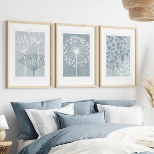 Set of three prints, Slate Blue Grey, Seed head Prints, Blue Bedroom Art, Calming Wall Decor, Botanical Prints, Blue Grey Decor, Unframed