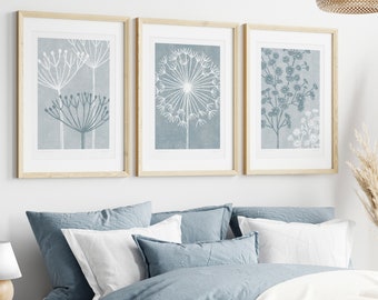Set of three prints, Slate Blue Grey, Seed head Prints, Blue Bedroom Art, Calming Wall Decor, Botanical Prints, Blue Grey Decor, Unframed