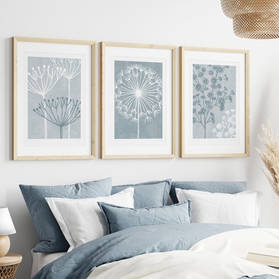 Set of three prints, Slate Blue Grey, Seed head Prints, Blue Bedroom Art, Calming Wall Decor, Botanical Prints, Blue Grey Decor, Unframed