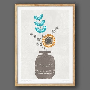 May include: A framed print of a stylized illustration of a vase with a bouquet of flowers. The vase is brown and the flowers are blue, orange, and yellow.