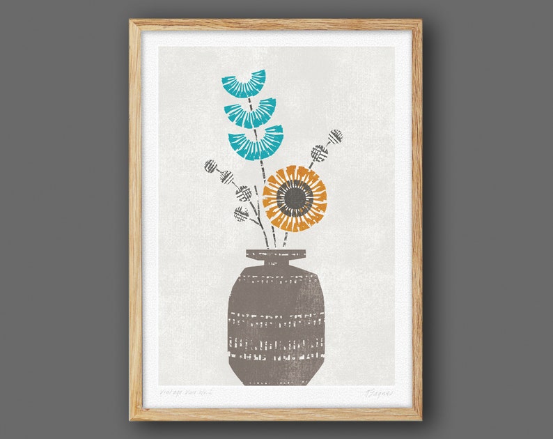 May include: A framed print of a stylized illustration of a vase with a bouquet of flowers. The vase is brown and the flowers are blue, orange, and yellow.