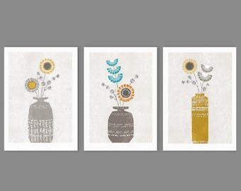 Set of 3 Vintage Flower Prints, Botanical Wall Decor, Vase of Flowers, Pretty Flower Art, Mustard, Ochre, Teal, Grey, Orange, A4/A3 Unframed