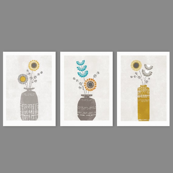 Set of 3 Vintage Flower Prints, Botanical Wall Decor, Vase of Flowers, Pretty Flower Art, Mustard, Ochre, Teal, Grey, Orange, A4/A3 Unframed