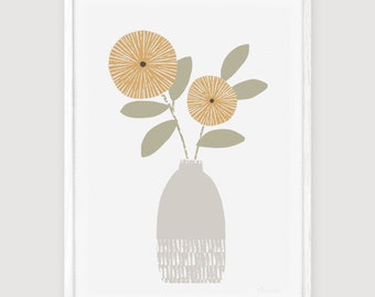 Stoneware Vase No.1, Simple Flower Print, Ochre Yellow, Clay Grey, Olive Green, Grey & Yellow, Pretty Vase of flowers, A3, A4, Unframed