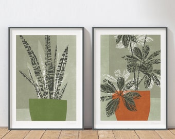 Set of 2 House Plant Prints, Olive Green & Terracotta, Contemporary Leaf Art, Abstract Plant Prints, Sage Green Decor, A4, A3, Unframed