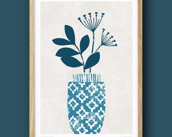 Moroccan Vase Print, Navy Blue Wall Art, Fine Art Print, Boho Flower Art, Bohemian Wall Decor, Ethnic Flower Art, Modern Botanical, Unframed