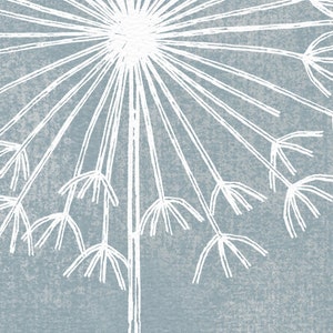 May include: A white dandelion seed head with a long stem on a blue background.