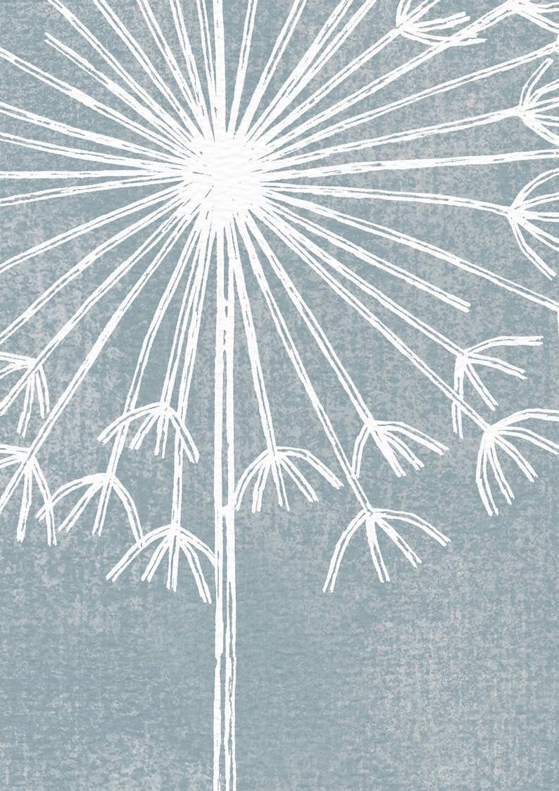 May include: A white dandelion seed head with a long stem on a blue background.