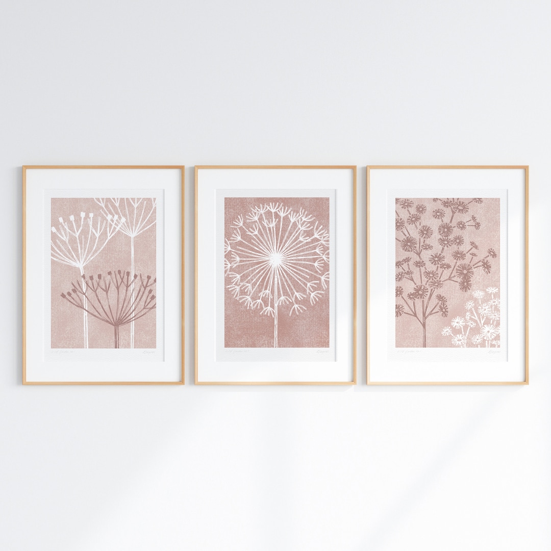 Set of 3 Blush Pink Prints, Seed Head Prints, Rose Gold Botanical Art ...