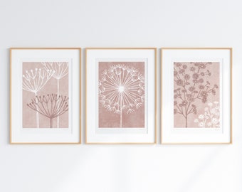 Set of 3 Blush Pink Prints, Seed head Prints, Rose Gold Botanical Art, Blush Pink Wall Decor, Rose Gold Bedroom Decor, Blush Pink, Unframed