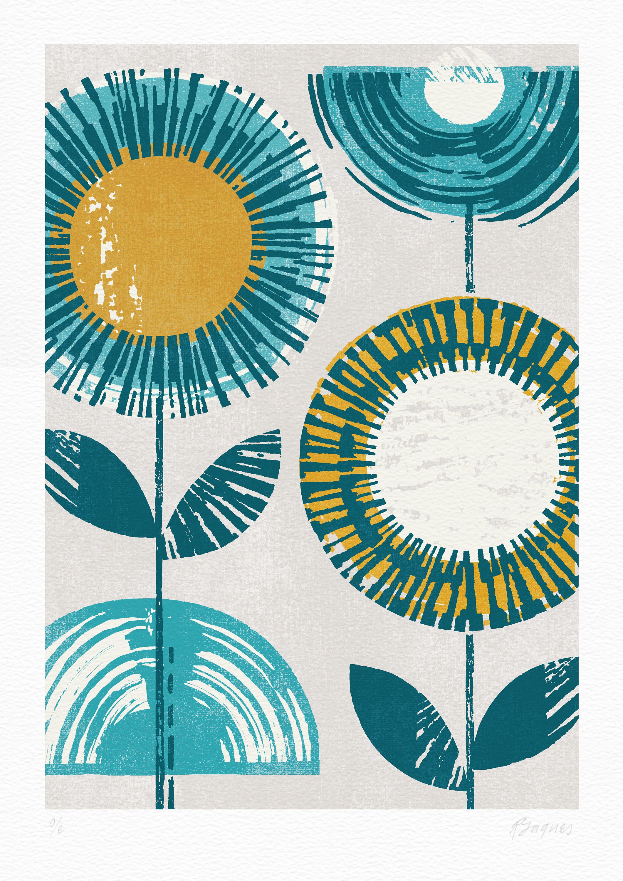 Pair of Flower Prints Teal and Yellow Wall Art Mid Century Etsy UK