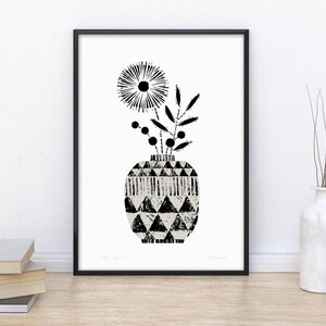 Bohemian Flower Print, Black and White Vase Print, Monochrome Print, Tribal Home Decor, Minimalist Wall Art, Boho Flower Print, Unframed image 3