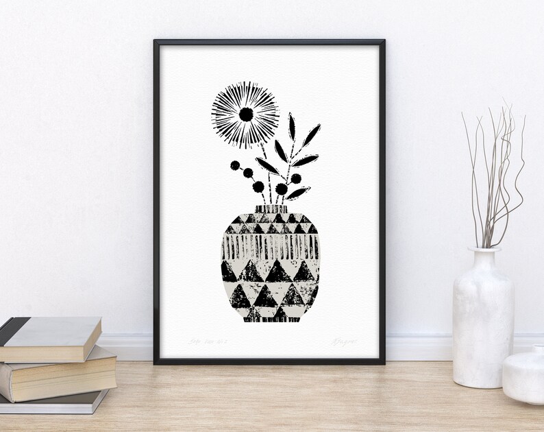 Bohemian Flower Print, Black and White Vase Print, Monochrome Print, Tribal Home Decor, Minimalist Wall Art, Boho Flower Print, Unframed image 3
