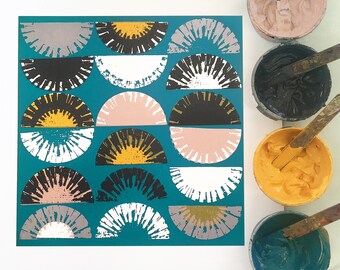 Sunrise No2, Original Screen Print, Abstract Art, Mid Century Modern, Teal, Blush Pink, Mustard, Ochre, Handprinted, Retro Art, Unframed