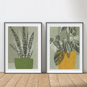 May include: Two framed prints of botanical illustrations. The print on the left features a green and black plant in a green pot. The print on the right features a green and white plant in a yellow pot.