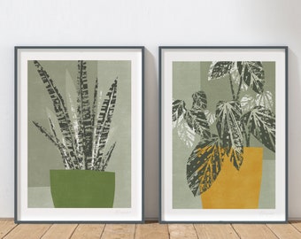 Set of Two Olive Green & Mustard Yellow Plant Prints, Fine Art Paper, Green and Yellow Abstract Plant Prints, House Plants, A4, A3, Unframed
