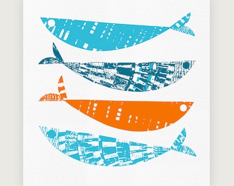 Teal & Orange Fish Print, Mid Century Modern, Aqua Kitchen Print, Orange Bathroom Art, Simple Fish Art, Teal Bathroom Decor, 70's, Unframed
