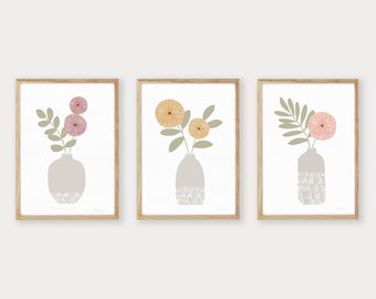 Set of Three Stoneware Vase Prints, Simple Flower Prints, Ochre Yellow, Olive Green, Coral Pink, Berry, Botanical Art, A4 A3, Unframed