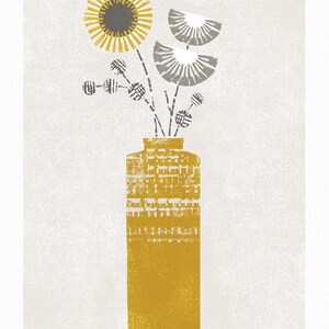 May include: A yellow vase with a geometric pattern holds a bouquet of stylized flowers. The flowers are yellow, gray, and white. The vase is on a white background. The text "Vintage Vase No.2" is in the bottom left corner of the image. The text "13apnes" is in the bottom right corner of the image.