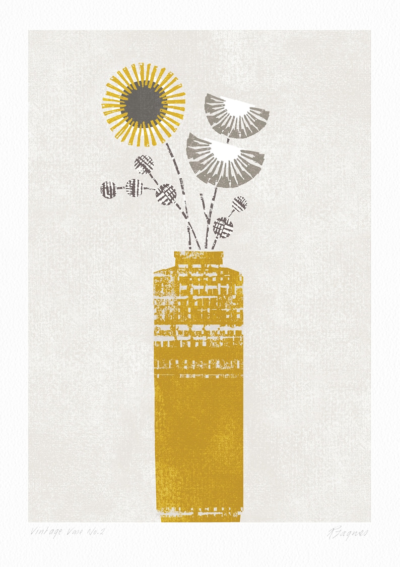May include: A yellow vase with a geometric pattern holds a bouquet of stylized flowers. The flowers are yellow, gray, and white. The vase is on a white background. The text "Vintage Vase No.2" is in the bottom left corner of the image. The text "13apnes" is in the bottom right corner of the image.