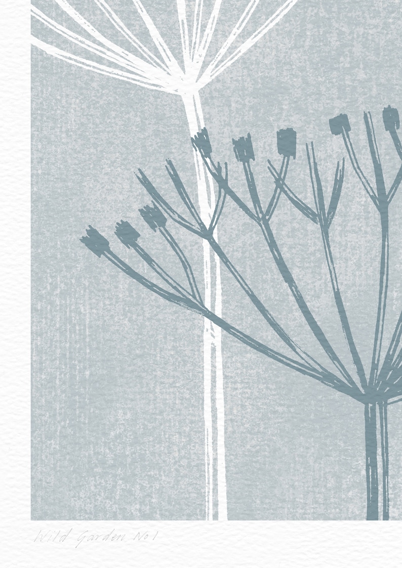 May include: A blue and white botanical illustration of a wild garden plant. The image is on a light blue background with the text "Wild Garden No. 1" at the bottom.