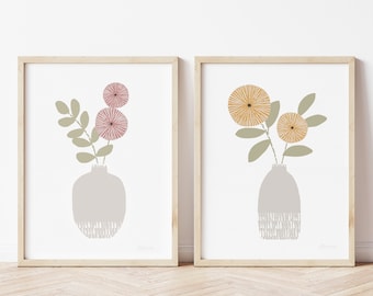 Set of 2 Simple Flower Prints, Nordic Wall Decor, Hygge Art, Ochre Yellow, Olive Green, Mulberry, Scandinavian Botanical, A4, A3, Unframed