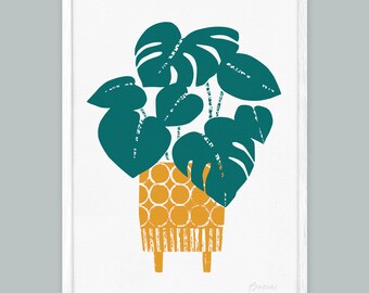 Retro Cheese Plant Print, Mustard Yellow & Teal Green, Swiss Cheese Plant, Mid Century, House Plant Print, Pot Plant Art, A4 A3, Unframed