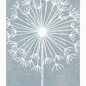 May include: A white line drawing of a dandelion on a blue background. The drawing is simple and elegant, with a focus on the delicate details of the flower.