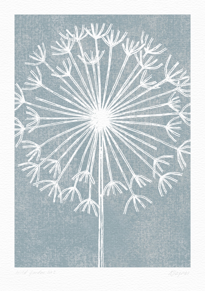 May include: A white line drawing of a dandelion on a blue background. The drawing is simple and elegant, with a focus on the delicate details of the flower.