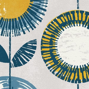 May include: Abstract art print featuring three stylized flowers with blue and yellow petals on a light gray background.
