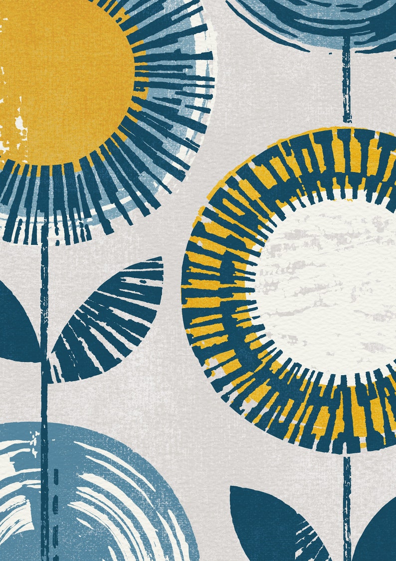 May include: Abstract art print featuring three stylized flowers with blue and yellow petals on a light gray background.