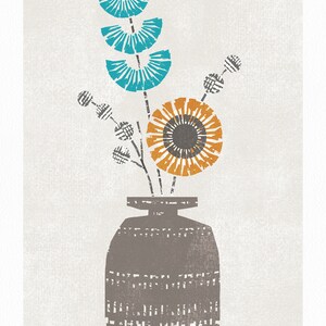 May include: A brown vase with a geometric pattern holds a bouquet of stylized flowers. The flowers are orange, yellow, and teal.
