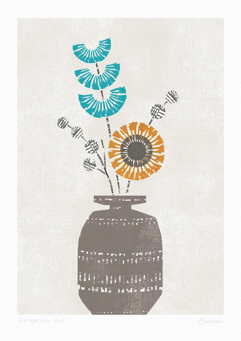 May include: A brown vase with a geometric pattern holds a bouquet of stylized flowers. The flowers are orange, yellow, and teal.