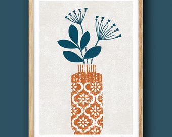 Terracotta Pot, Contemporary Botanical, Bohemian Flower Print, Modern Vase Print, Orange and Navy, Terracotta Floral, Unframed, A4, A3