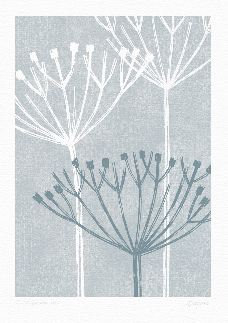 May include: A blue and white botanical print with the text "Wild Garden No.1" and the artist's signature "Davies".