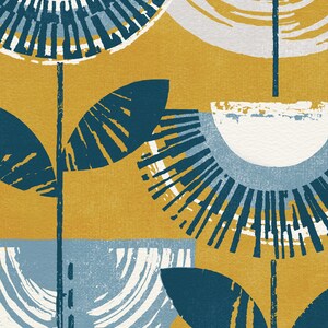 May include: Abstract art print featuring stylized flowers in shades of blue, white, and yellow on a mustard yellow background.