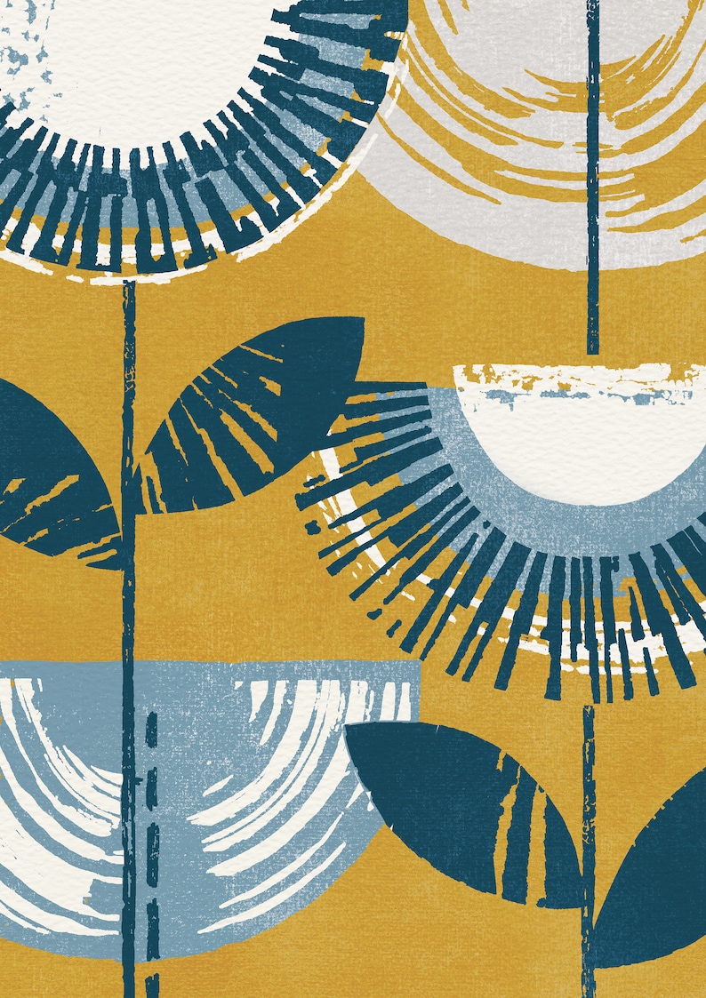 May include: Abstract art print featuring stylized flowers in shades of blue, white, and yellow on a mustard yellow background.