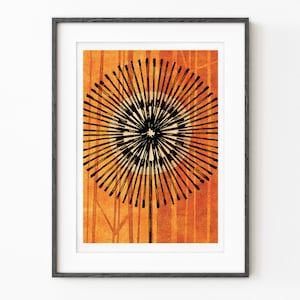 May include: A black and white abstract print of a stylized flower with a radiating pattern against a warm orange background.