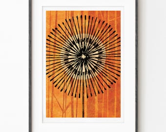 Dandelion Clock Print, Vibrant Orange Print, Botanical Wall Art, Orange Botanical, Modern Orange Print, A3, Seed Head Art, Unframed