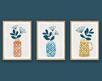 Set of 3 Prints, Terracotta / Blue / Ochre Yellow, Three Flower Prints, Kitchen Wall Decor, Contemporary Botanical Prints, A4, A3, Unframed