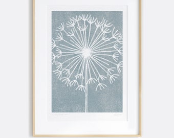 Dandelion Clock Print, Slate Blue, Blush Pink or Sage Green, A4, A3, Hand Drawn, Botanical Illustration, Natural Art, Seed Heads, Unframed