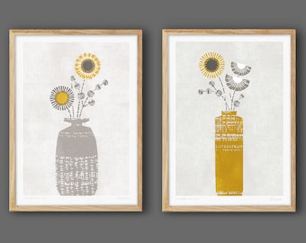 Pair of Vintage Flower Prints, Mid Century, Retro Style, Vase of Flowers, Scandinavian Floral, Ochre, Mustard Yellow, Grey, A4, A3, Unframed