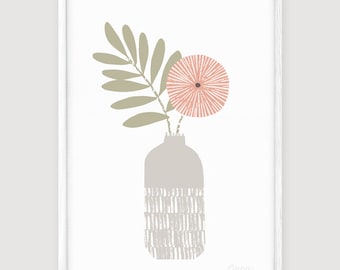 Stoneware Vase No.3, Simple Botanical, Olive Green & Coral Pink, Hygge Art, Nordic Flower print, A4, A3, Pretty Vase Print, Unframed