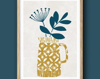 Ochre Jug, Seed Head Print, Mustard Decor, Bohemian Print, Mustard and Blue Print, Modern Flower Art, Skandi Botanical Art, A4, A3, Unframed
